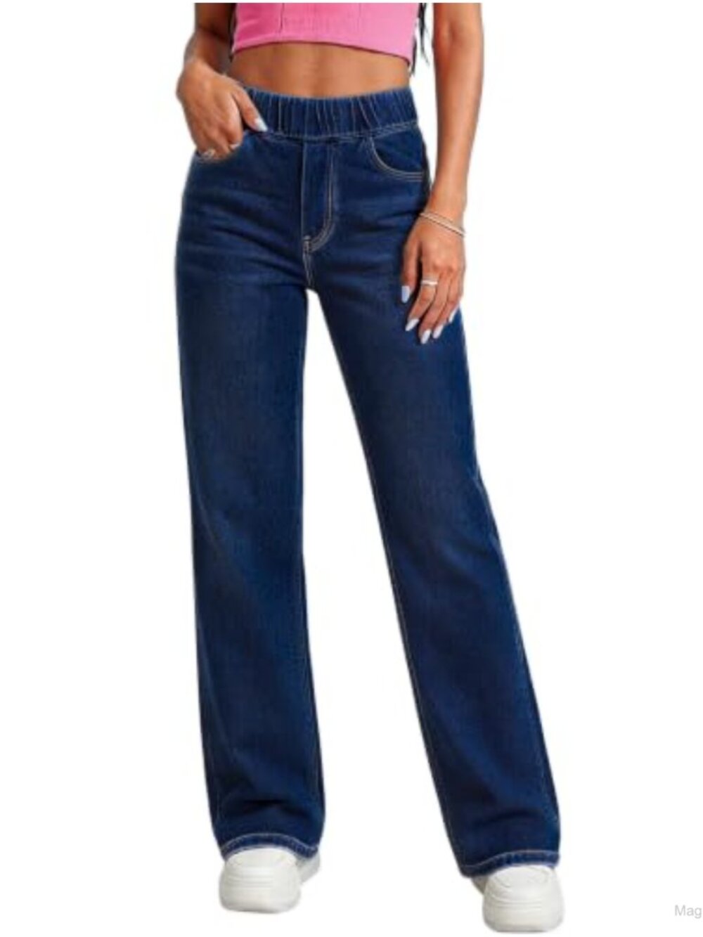 Pull On Jeans Women High Rise Elastic Waist Straight Leg Stretchy Cotton Blend
